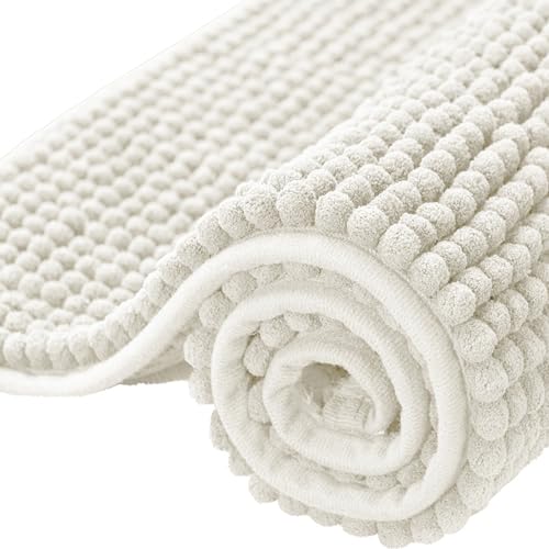 BedLooms Bath Mat Non Slip Anti Mould 40 x 60 cm – White Chenille Bathroom Mat Extra Soft & Fluffy Bathmat Machine Washable Super Water Absorption Shower Mat