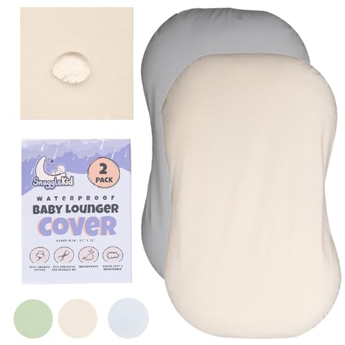 Image of 100% Waterproof Baby Lounger Cover - 2-Ply Organic Cotton Slipcovers Keep Your Lounger Clean & Your Baby Comfy - Machine Washable - (Lounger Not Included) - 2-Pack Includes Gray & Off-White