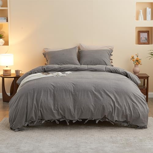 BISELINA 100% Washed Cotton Duvet Cover Set 3pcs with Bowknot Ties Strap Solid Color Linen Like Textured Durable Breathable Soft Comfy Chic Bedding (King, Dark Grey)