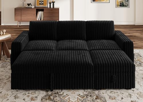 Image of HONBAY Modular Sectional Sofa with Pull Out Bed,Corduroy L Shaped Sleeper Sofa with Storage, Sectional Couches for Living Room,Black