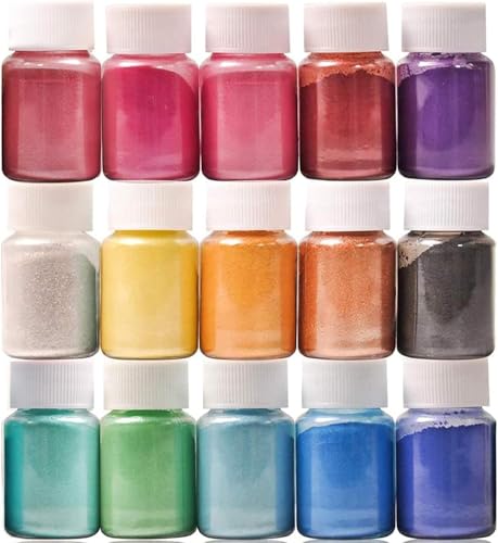 DEWEL Epoxidharz Farbe Mica Pulver, 15 Farbe × 10g Perlglanz Epoxidharz Pigment metallischer Pulver Geeignet Für Seifenfarbe, Lipgloss, Lidschatten, Badebombe, Kerzenherstellung, Resin Pulverfarbe