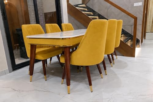 Image of WOODEN SPACE 6-Seater Wooden Dining Table Set | Nano Composite Marble Top | Solid Wood Base | Modern Dining Room Furniture with 6 Chairs (Yellow Frontline)
