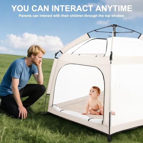 Image of Bend River Baby Playpen with Canopy, Square Toddler Beach Tent (Beige)