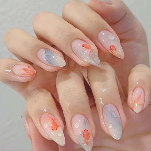 Hkanlre Fish Press on Nails Long Cute Fake Nails Tips Full Cover Almond  Blue Nails for Women and Girls 24PCS