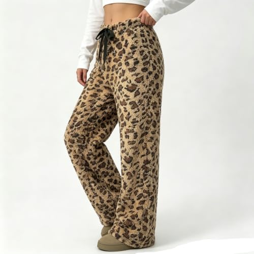 Hrwauag Leopard Pants Women Therian Fuzzy Pajama Pants Wide Leg Lounge Pants Heart Bear Leopard Drawstring Waist Warm Cozy Sleep Cute Pajama Trousers - image 5