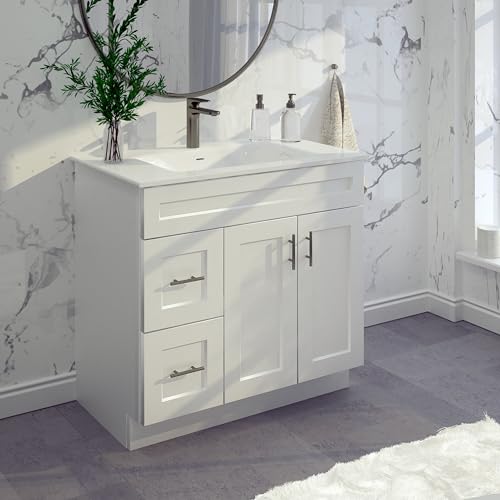 36" Shaker Bathroom Vanity Sink Base with Drawers (Ready-to-Assemble) (White