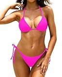 Tempt Me Hot Pink Women Triangle Bikini Sets String Halter Bathing Suits Sexy Two Piece Swimsuits Tie Side Bottom S