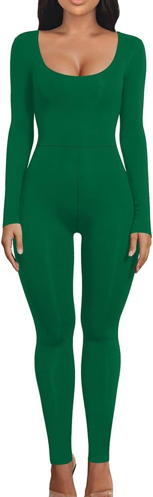 LAGSHIAN Women's Sexy Bodycon Long Sleeve Scoop Neck One Piece Jumpsuit Romper