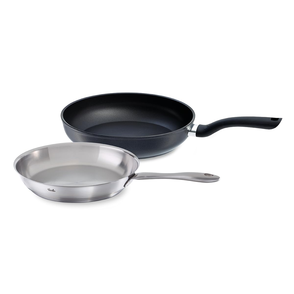 Fissler Set of 2 Frying Pans/Catania Uncoated Stainless Steel Pan (Diameter 24 cm) & Cenit Coated Aluminium Pan (Diameter 28 cm) - Suitable for Induction Cookers, Black