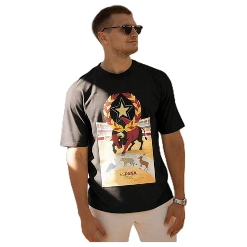 Playeras Hombre para Copa del Mundo, Algodón Puro,Cuello Redondo Ropa De Hombre con Elementos De La Copa del Mundo Camiseta De Fútbol,Negro-L