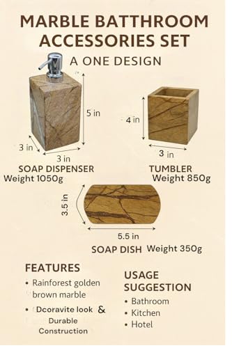 Image of Rainforest Golden Brown Marble Bathroom Accessories Set - 3-Piece Premium Set with Soap Dispenser, Tumbler & Soap Dish Weight 2500 g.