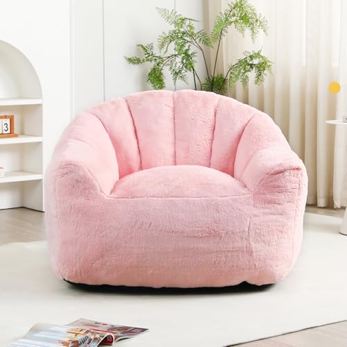 Image of Bean Bag Chair with Arms for Adults - Furry Lazy Sofa, Armrests Stuffed High-Density Foam Filler Chair, Small Cozy Reading in Bedroom Living Room and Dorms (Pink)