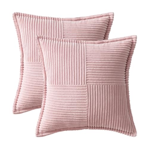 Image of MIULEE Pink Corduroy Decorative Euro Sham Pillow Covers 24x24 Inch with Splicing Set of 2 Soft Boho Pillow Covers Broadside Textured Pillowcases for Couch Bed Livingroom