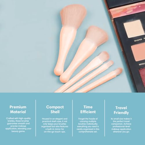 Image of Gleva Travel Size Mini Makeup Brushes Set with Mirror Small Complete Function Cosmetic 5 Pcs Brushes Kit Case Apply to Face Foundation Powder Concealers Eyebrow Eyeshadow (Pink (Shell Shape))