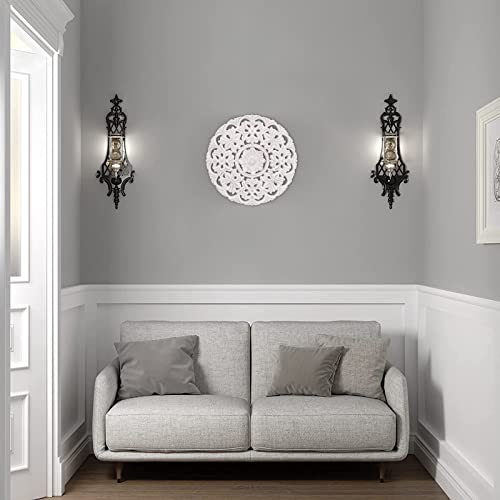 Wall Hanging Flower Heritage Round Wall Art Wooden Wall Panel Distressed White Wall Plaques Decorative Wall Medallions Home Decor Christmas Day Gift Festival For Living Room Bedroom (Size: 12In) #TOP2