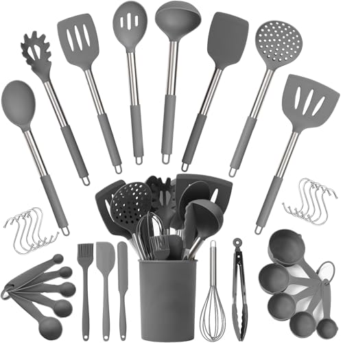 Silicone Kitchen Utensils Set 34 Pieces 450 °F Heat Resistant - Grey Cooking Utensils-Set for Nonstick Cookware - Silicone Spatulas Set, Stainless Steel Handle & Other Kitchen accessories