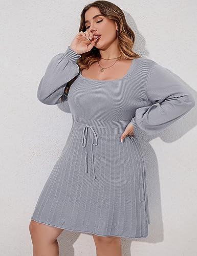 Image of Women's Plus Size Casual Sweater Dress Square Neck Long Lantern Sleeve Tie Waist Loose Pullover Sweater Dresses