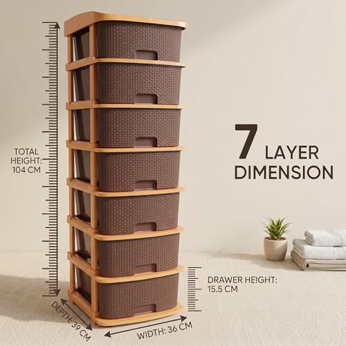Image of Jefa Plastic Modular Drawer Storage Organizer | Multipurpose Storage Chest with Anti-Slip Design | Large Capacity Drawer Rack for Clothes, Shoes, Office & Home Use (Brown, 7)