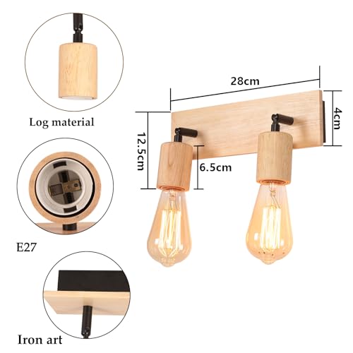 Apliques de pared de madera estilo vintage E27 con 2 focos regulables para techos de interior 3