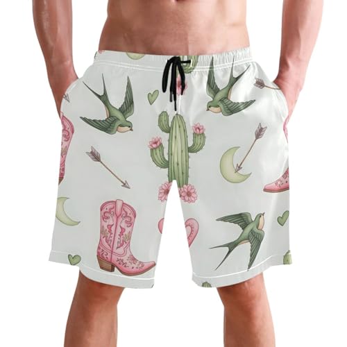 Men's Swim Trunks Quick Dry Swimming Shorts with Pocket Cactus Birds Boots Hearts Swimsuit Trunks