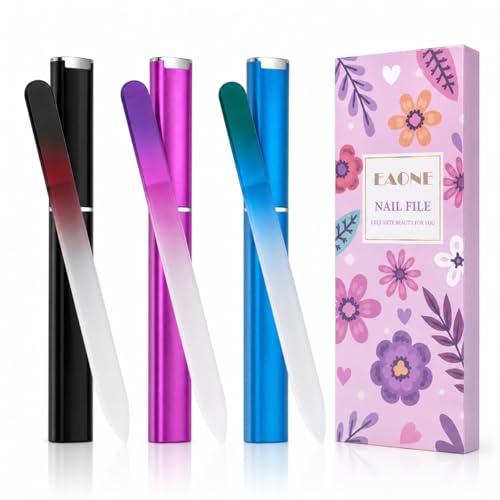 EAONE Crystal Glass Nail File with Case 3 Pack, Double-Sided Etched Fingernail Files for Natural...