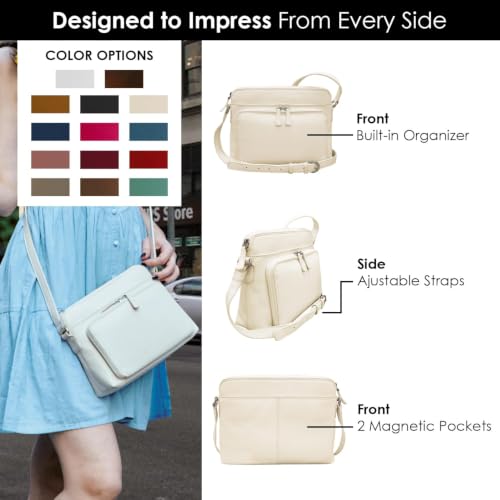 Image of ili New York Genuine Soft Leather Crossbody Bags for Women, RFID-Blocking Shoulder Purses for Women with Built-in Wallet & Compartments, Bone