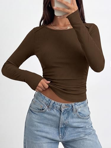 BTFBM Womens Long Sleeve T Shirts Spring Clothes 2026 Ribbed Slim Fit Boat Neck Casual Going Out Tops Workout Outfits(Chocolate Brown, X-Small) - image 6