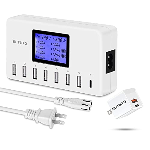 USB Charger, slitinto 60W 12A 8-Port USB Charging Station Multi Port USB Hub Charger UL Certified Compact Size LCD Display + USB C Charger, 2-Port 20W Fast Wall Charger, Mini PD/QC3.0