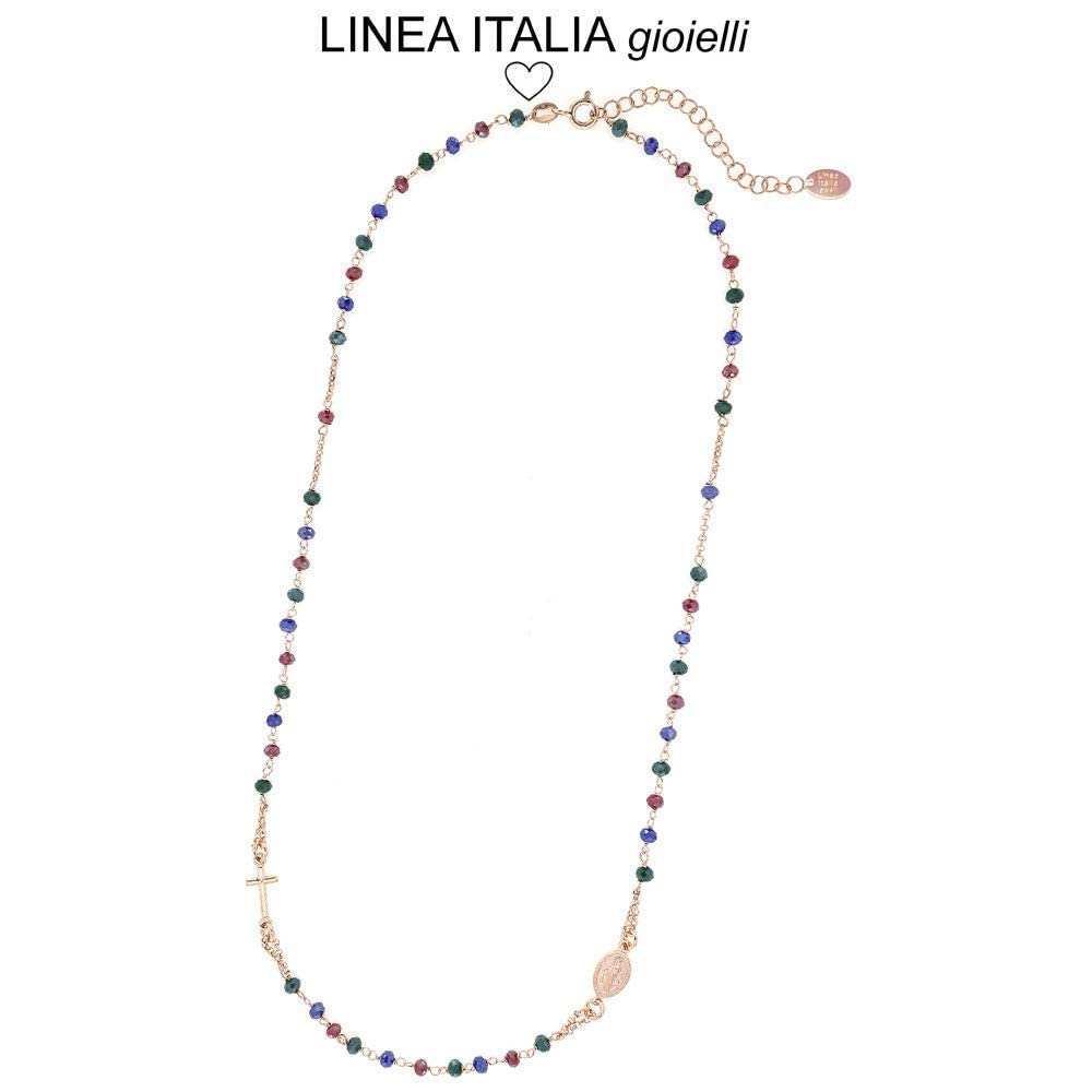 Linea Italia Gioielli - Collar Rosario para Mujer en Plata 925 Rosa con Cruz, Medalla Virgen y Piedras Multicolores - Joya Certificada Made in Italy