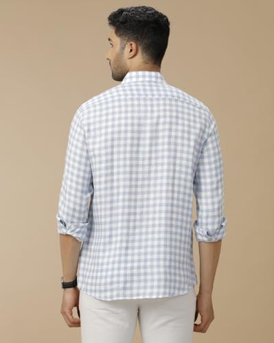 Image of Linen Club Men's Pure Linen Blue Checked Contemporary Fit Half Sleeve Casual Shirt