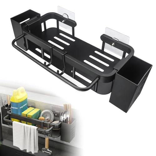 AHRITA Spülbecken Organizer, Spülbecken Organizer Hängend, Schwammhalter Küche Edelstahl mit 2 Klebstoff, Spüle, Spülorganizer, Wand mit Stäbchenhaltern, Handtuchhalter und Haken (Schwarz)