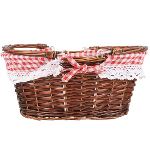 SHINEOFI Cesta de Picnic Tejida de Mimbre Portátil y Ligera con Asas Plegables para Almacenamiento y Uso en Exteriores con Estilo Natural y Delicado
