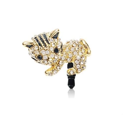Mavis's Diary Colorful Crystal Rhinestone Accessories Dust Plug-Earphone/Dust Plug/Ear Jack for iPhone/Ipad/iPod Touch/Samsung Galaxy/Samsung Note Series and Other 3.5mm Ear Jack (Golden Cat)