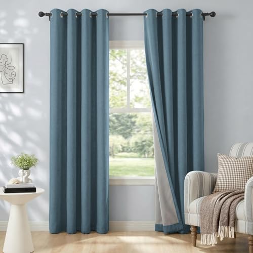 Image of 100% Blackout Shield Linen Textured Total Blackout Curtains for Bedroom 90 Inches Long, Stone Blue Grommet Curtains for Living Room, Thermal Insulated Room Darkening Drapes, 50 inch W x 90 inch L, 2 Panels