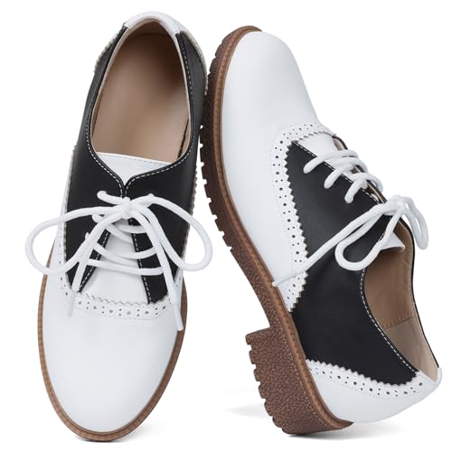 mikarka Vintage Oxford Shoes for Women Perforated Wingtips Brogue Oxfords Low Chunky Heel Lace Up Saddles Dress Pumps Shoes, US Size 9.5