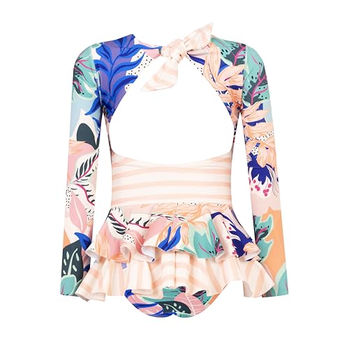 Image of Girls Long Sleeve Swimsuit - UPF 50+ Chlorine Resistant Ruffle Bolero Girls' Swimwear | Size 6-12