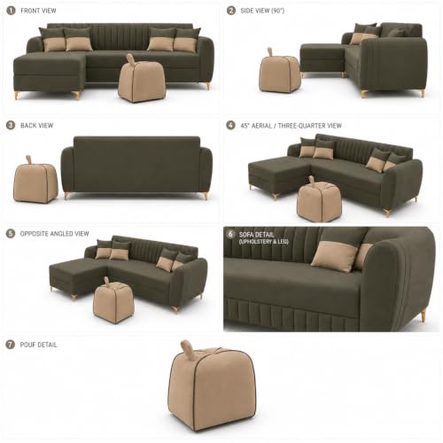 Image of CASASTYLE Signature Velour 4-Seater L-Shape Sofa Set with Movable Ottoman & Suri Pouf | Flexible LHS /RHS Layout | Boston Fabric | 40D Foam + Zigzag Spring | 3-Yr Warranty (Olive Green,Sand Beige)