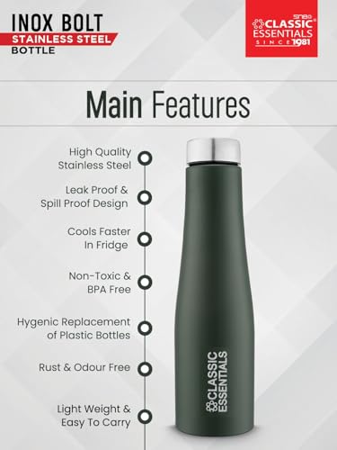 Image of CLASSIC ESSENTIALS PURO Stainless Steel Water Bottle (1000 ml) | Suitable for Fridge office, Bottle, Hiking, Treking | Eco Friendly, Leakproof, BPA Free Non-Toxic Bottle (Set of 1) (Dark Green)