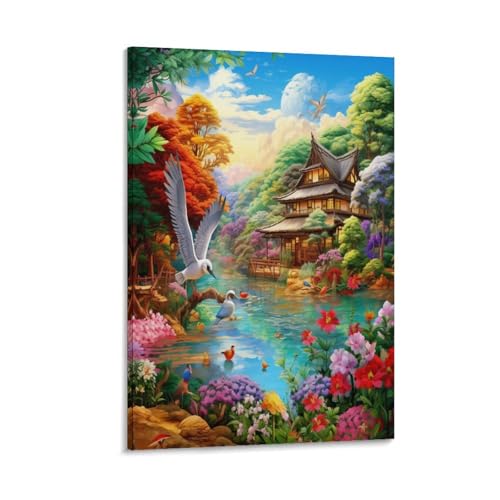 Tableau oiseaux et fleurs d'exception pour un salon élégant de 50x75 cm