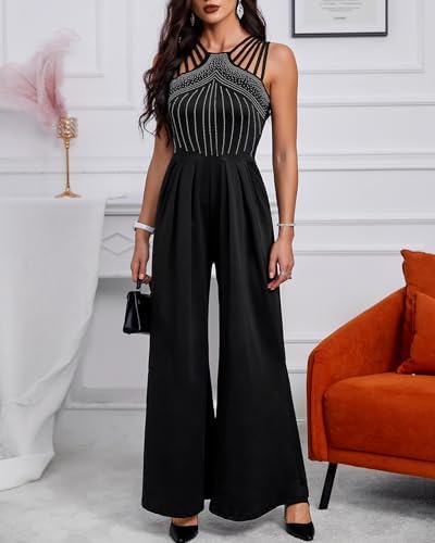 Women's One Piece Jumpsuit Rhinestone Cutout Ruched