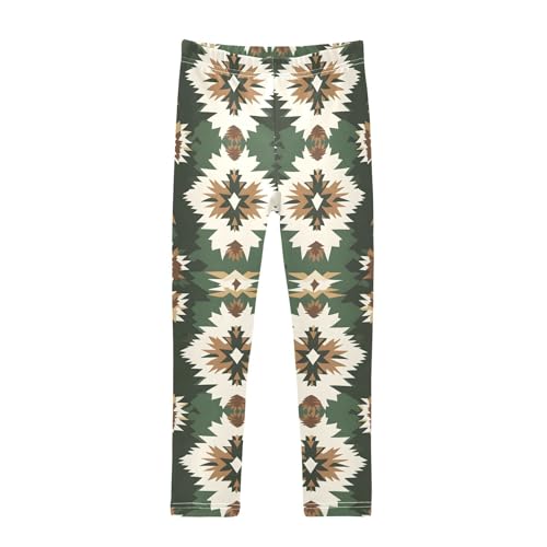 Retro Green Western Aztec Girls Leggings Soft Stretch Workout Yoga Dance Pants for Kids Casual Tights