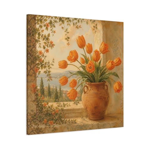 Toile tulipes oranges décoration vintage pour une atmosphère de salon chaleureuse