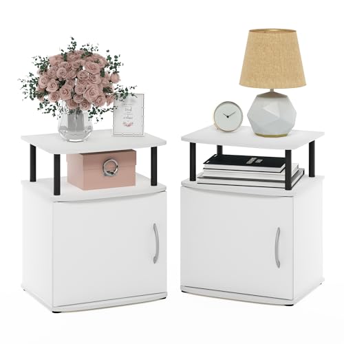 Image of Furinno Jaya Side Table Set of 2, 2-Tier Open Shelf End Table with Door Cabinet, Soft-Edges Night Stand, Bedside Table, for Living Room, Bedroom, White