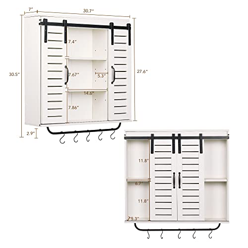 Rustown Farmhouse Wood Cabinet Wall Mounted, Rustic Wall Cabinet With Two Shutter Sliding Doors And Adjustable Shelf, 3-Tier Vintage Wooden Storage Cabinet For Bathroom (Vintage White) #TOP2