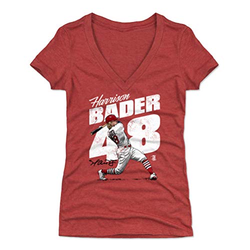 500 LEVEL Harrison Bader Shirt for Women (Women's V-Neck, Medium, Tri Red) - St. Louis Shirt for Women - Harrison Bader Home Run W WHT