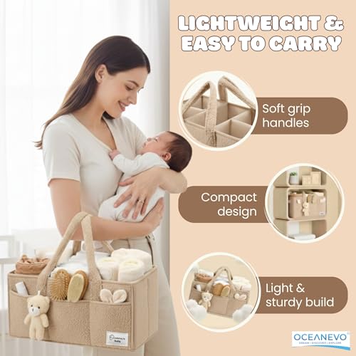 Image of OCEANEVO Fur Diaper Caddy Organizer Bag | WITH Diaper Changing Mat, Bag Charm and Luggage Tag | New Born Baby Essentials | For Mothers for Travel - 38 x 25 x 18 cm - Beige - 1 Year Warranty