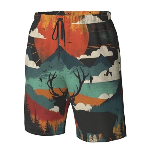 Men's Quick Dry Swim Shorts Deer Mountains Sunset Landscape Modern Art Geometric Beach Trunks with Pockets4