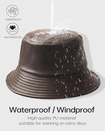 Image of Zylioo XXL PU Leather Bucket Hat for Big Heads, Large Waterproof Floppy Brim Travel Hat with Thin Fleece Lining Packable