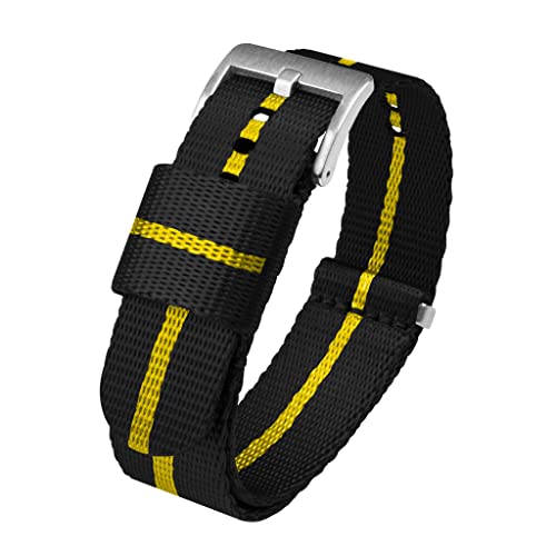 Image of BARTON WATCH BANDS, 22mm Black /Yellow Stripe - Elite NATO Style Watch Strap - Stainless Steel Buckle - Seat Belt Nylon Watch Bands