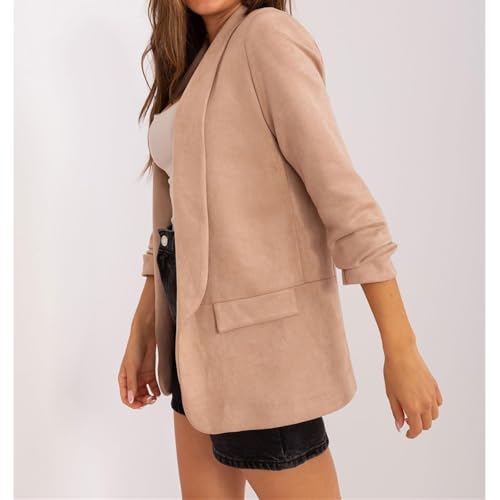 Womens Faux Suede Blazers Dressy Lapel Open Front Suit Jacket Lightweight 3/4 Sleeve Button Down Work Office Blazer2